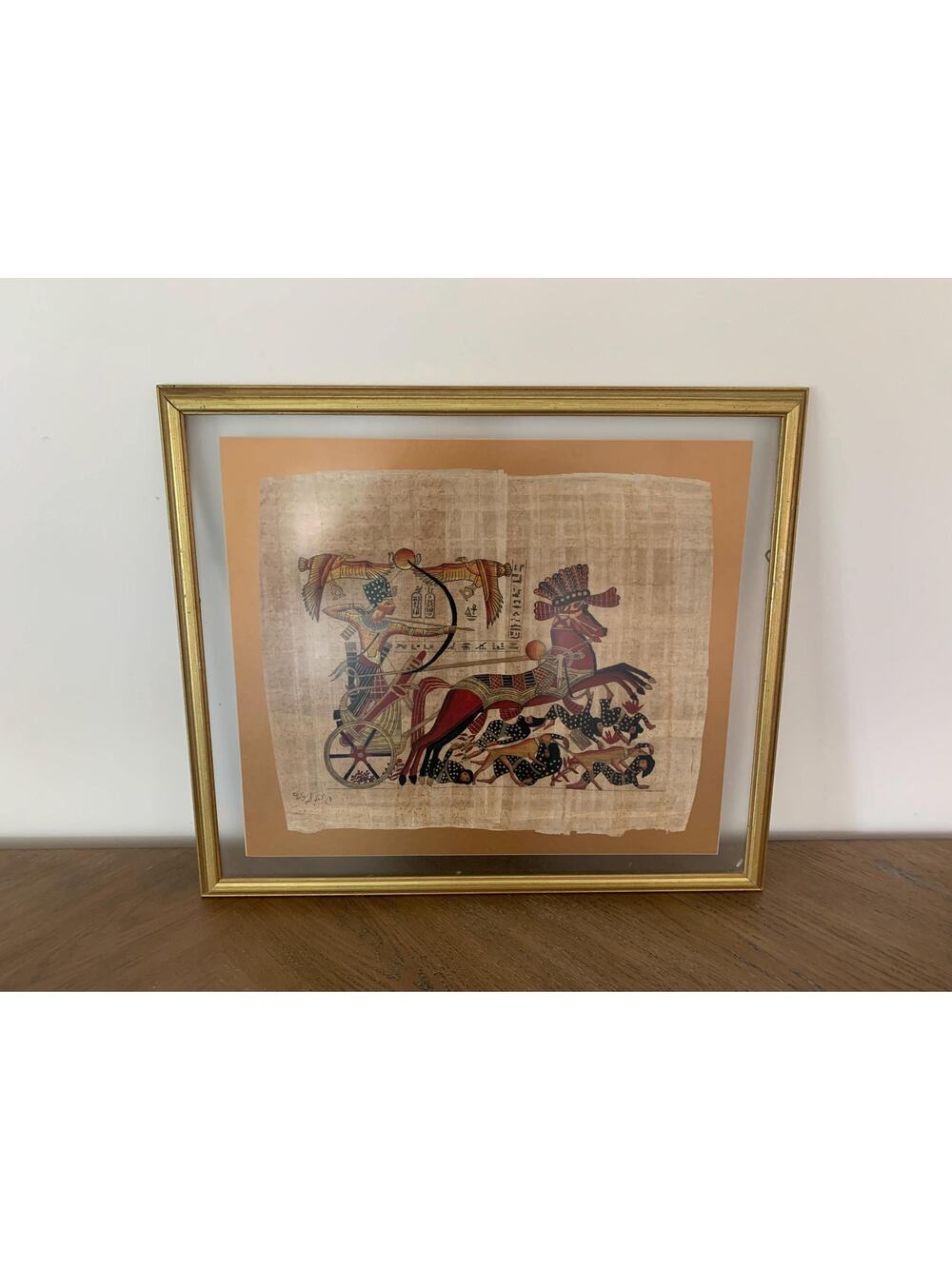 Vintage Egyptian Papyrus Painting King Tut Chariot Framed Art Signed